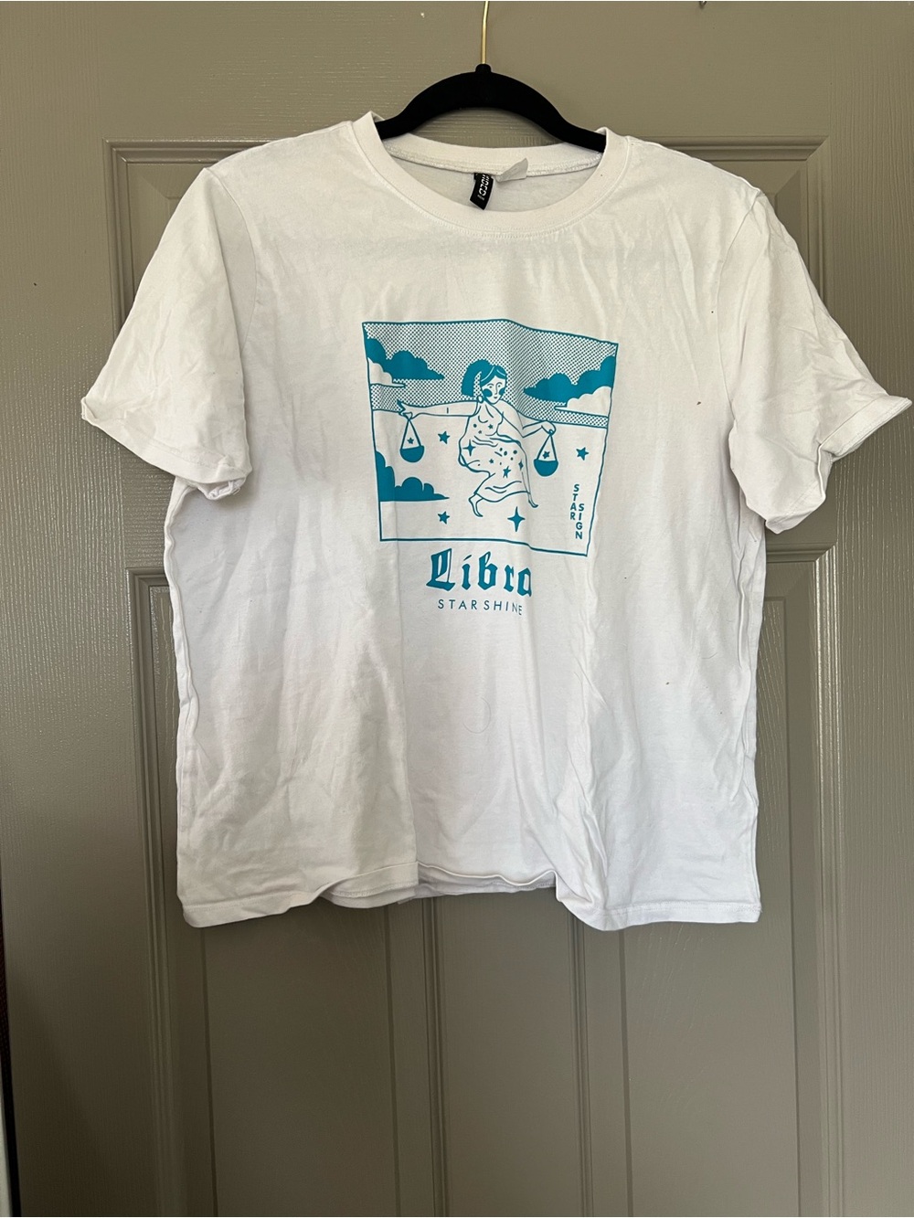 H&M White Tee with Teal Libra Graphic